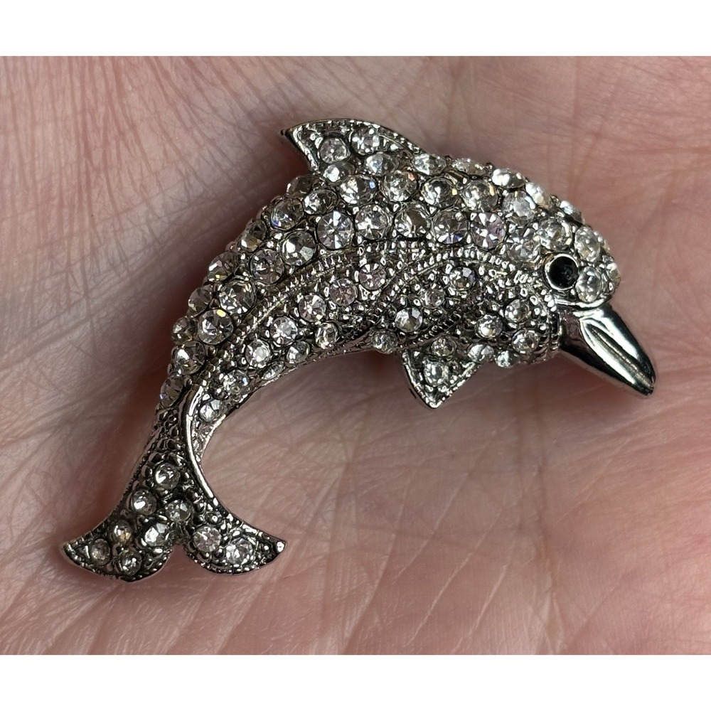Vintage Dolphin Rhinestone Brooch  Silver Tone